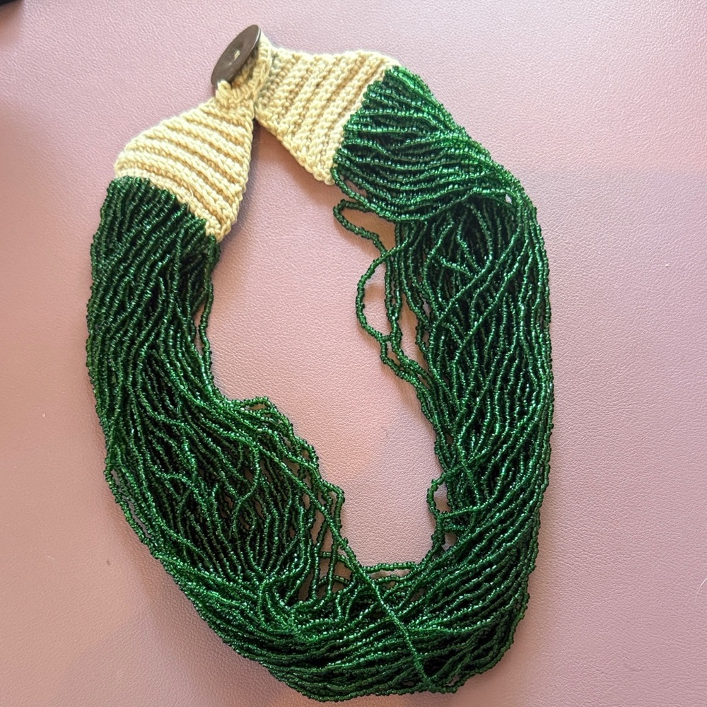 Handcrafted Green Seed Bead Multi-Strand Necklace with Cream Crochet Ends